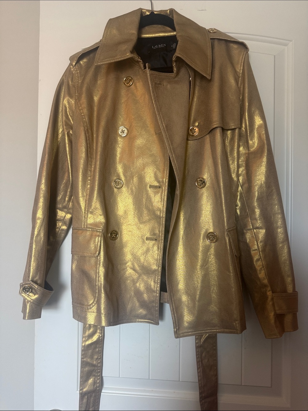 Lauren Ralph Lauren Shimmery Gold Double-Breasted Trench Coat